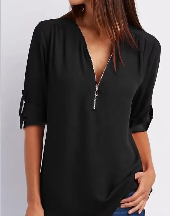 Monique™ | Elegant V Neck Zip Up Pullover