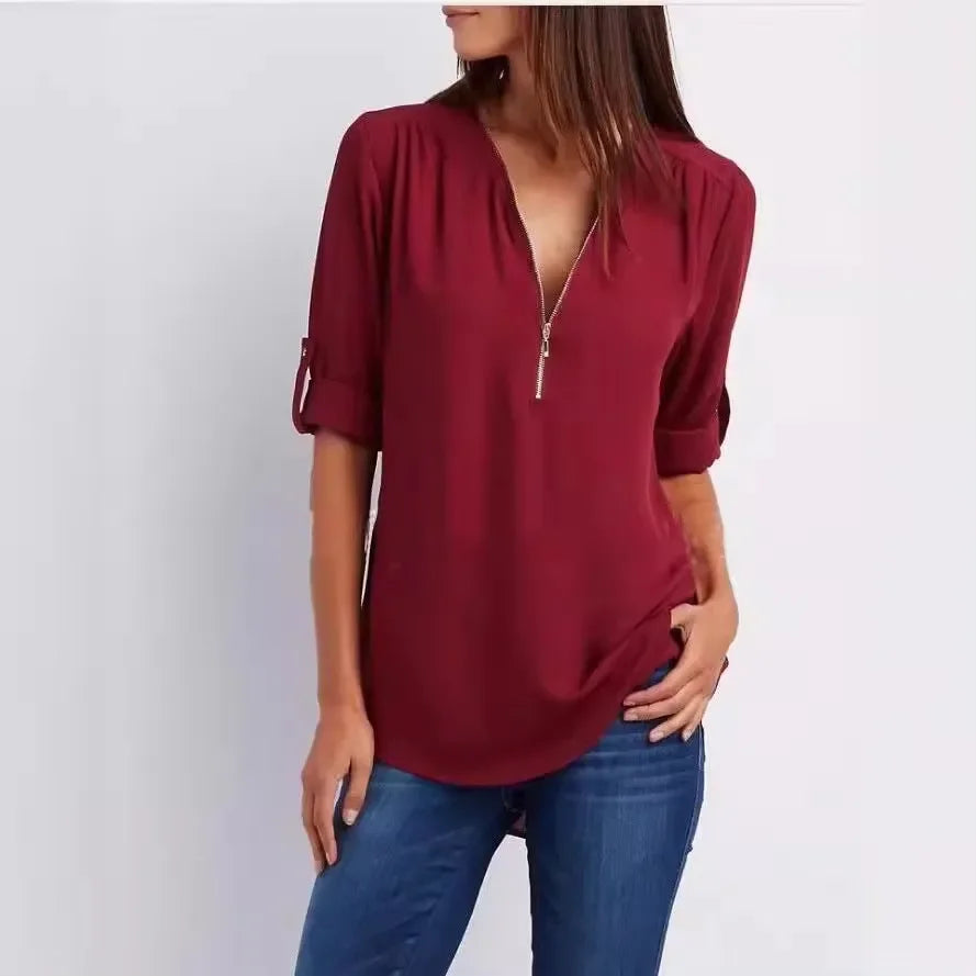 Monique™ | Elegant V Neck Zip Up Pullover