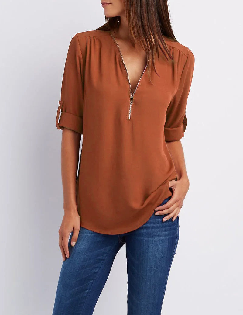 Monique™ | Elegant V Neck Zip Up Pullover