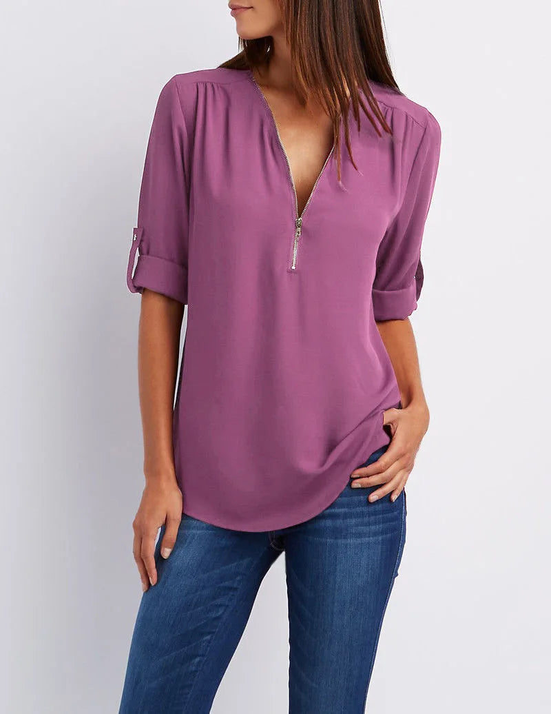 Monique™ | Elegant V Neck Zip Up Pullover