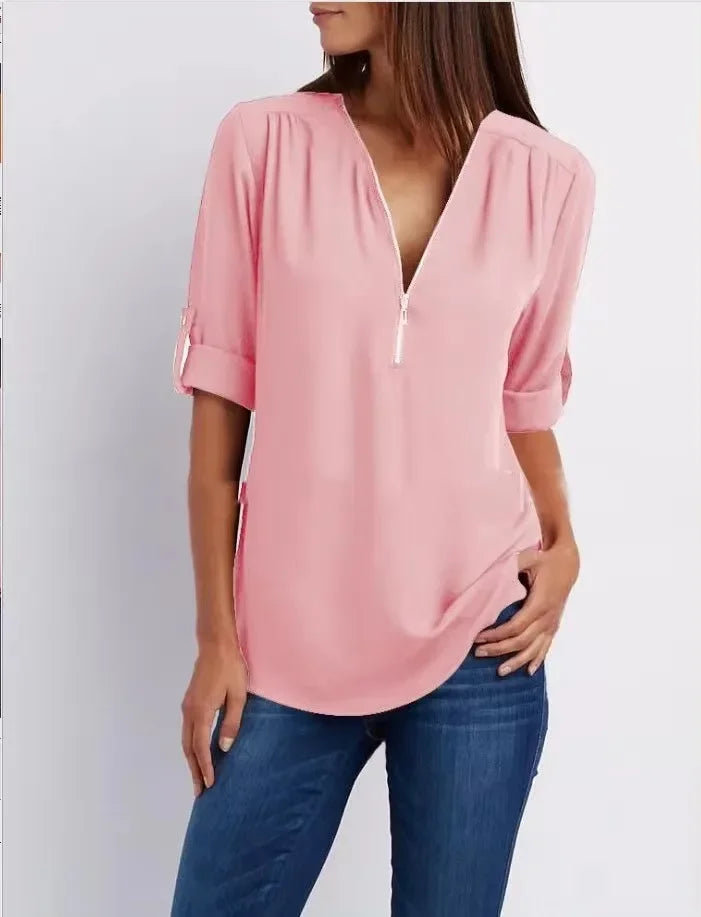 Monique™ | Elegant V Neck Zip Up Pullover