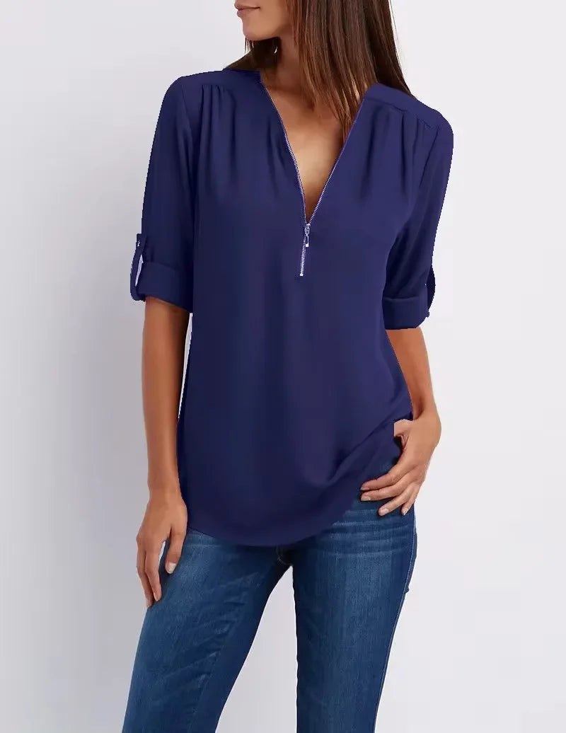 Monique™ | Elegant V Neck Zip Up Pullover