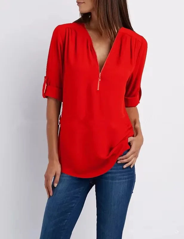 Monique™ | Elegant V Neck Zip Up Pullover