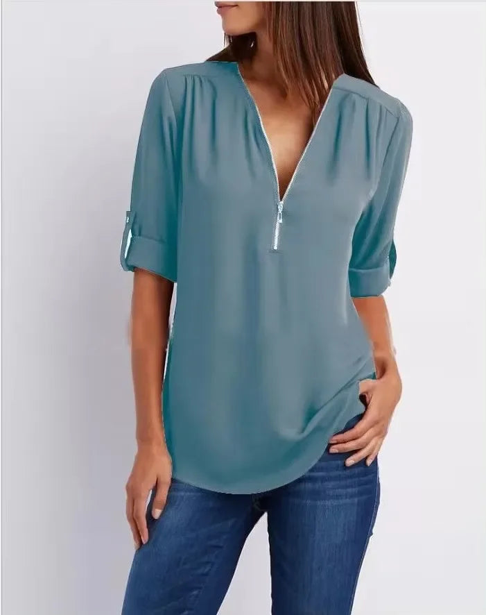 Monique™ | Elegant V Neck Zip Up Pullover