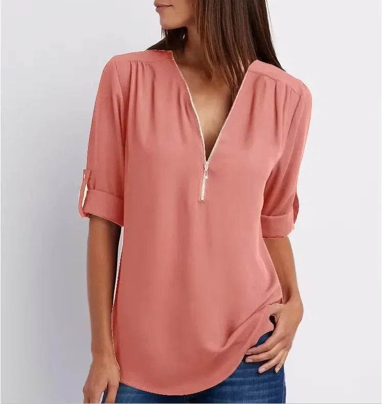 Monique™ | Elegant V Neck Zip Up Pullover