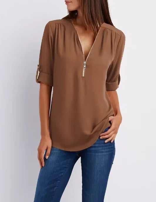 Monique™ | Elegant V Neck Zip Up Pullover