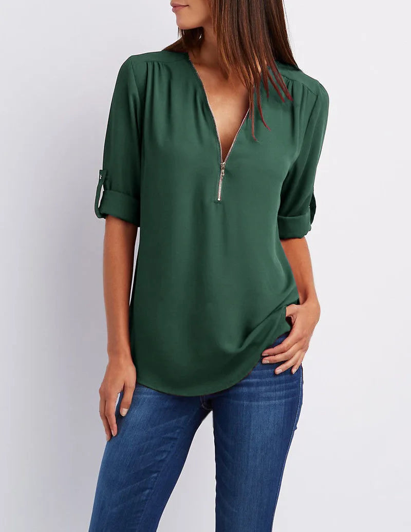 Monique™ | Elegant V Neck Zip Up Pullover